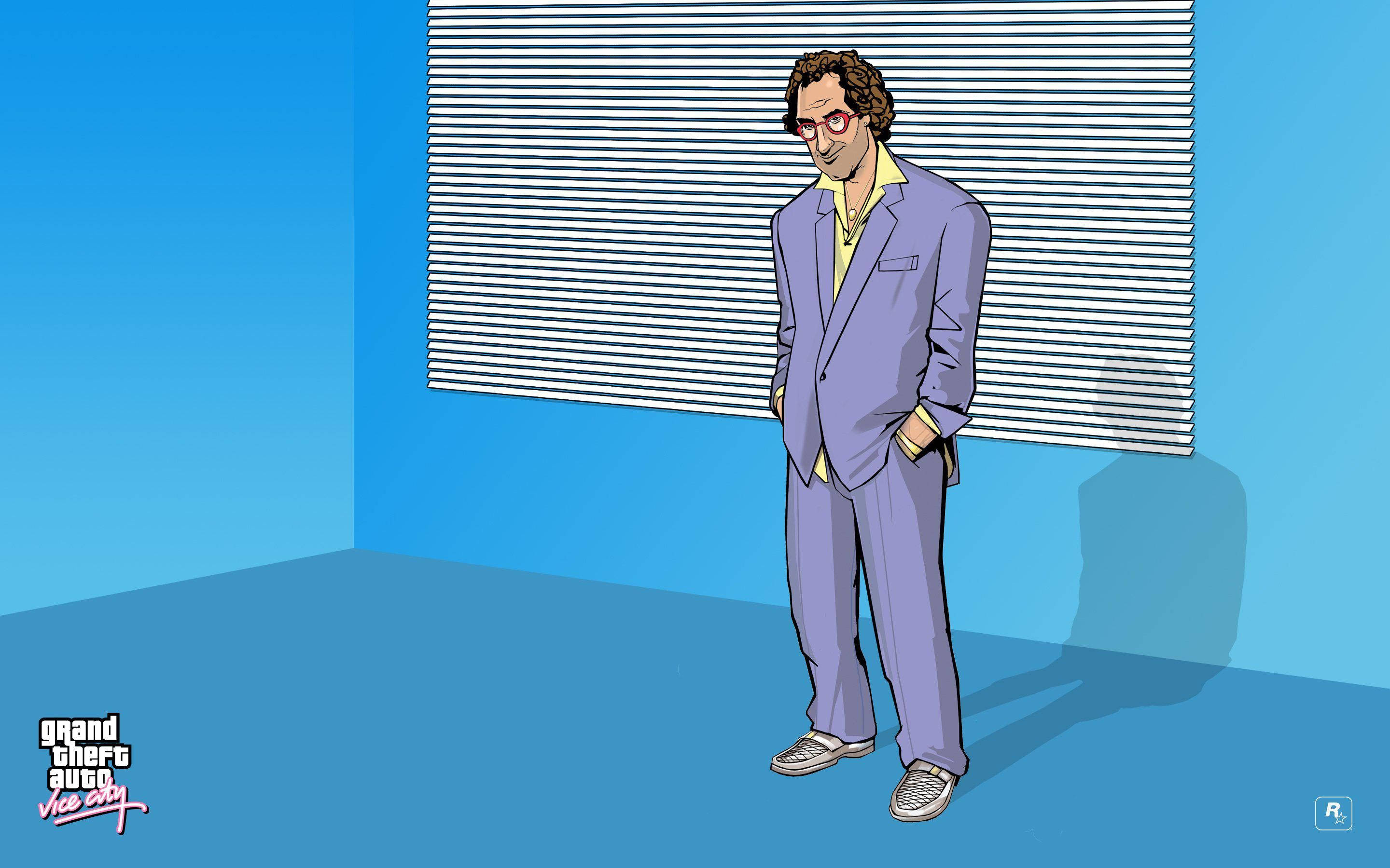 Gta 桌布 壁紙 — 一個穿著紫色西裝和紅色眼鏡的卡通男人站在一個帶有條紋百葉窗的簡約藍色房間裡。