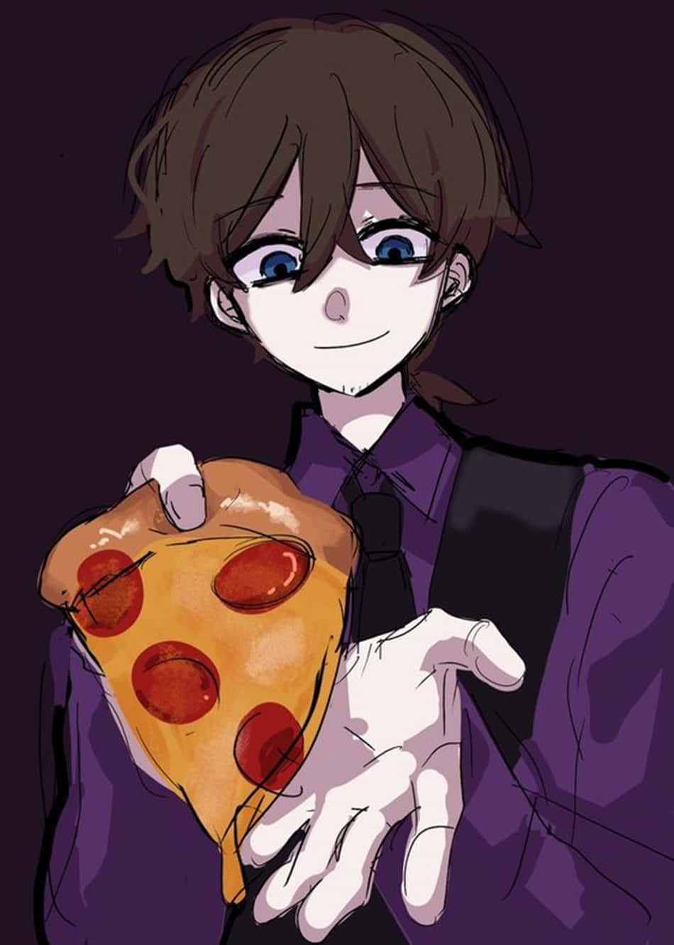 Pizza 桌布 壁紙 — 一個穿著紫色西裝的開朗動漫男孩，在深色背景前拿著一片巨大的義大利辣香腸披薩。