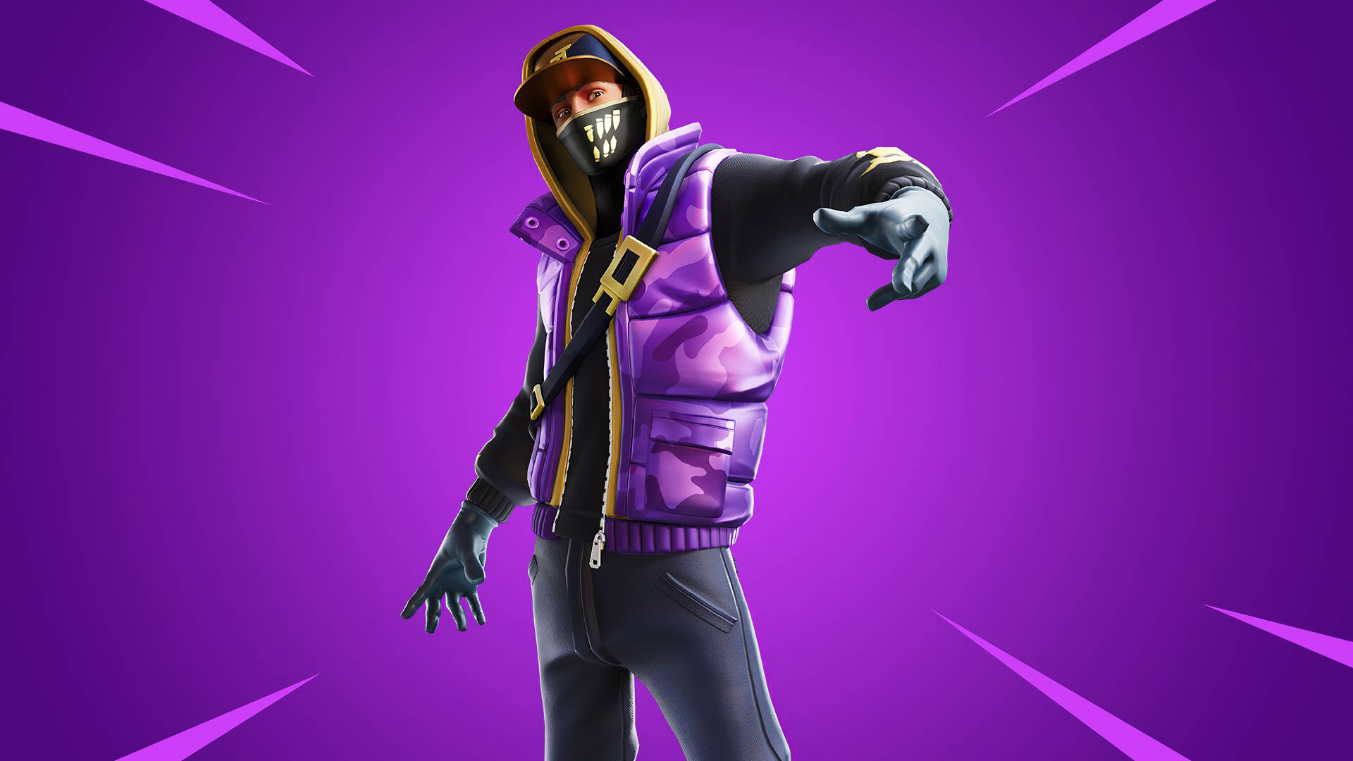 Fortnite 桌布 壁紙 — 一個穿著紫色迷彩背心和骷髏面具的Fortnite角色，在帶有放射線的鮮豔紫色背景前擺姿勢。