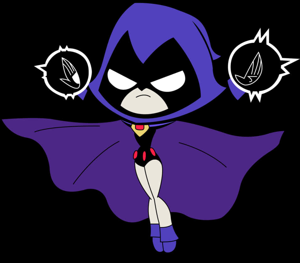 Teen Titans Go Raven 桌布 壁紙 — 一個穿著紫色連帽斗篷的卡通角色站在黑色背景前，有兩個白色對話框顯示刀片。