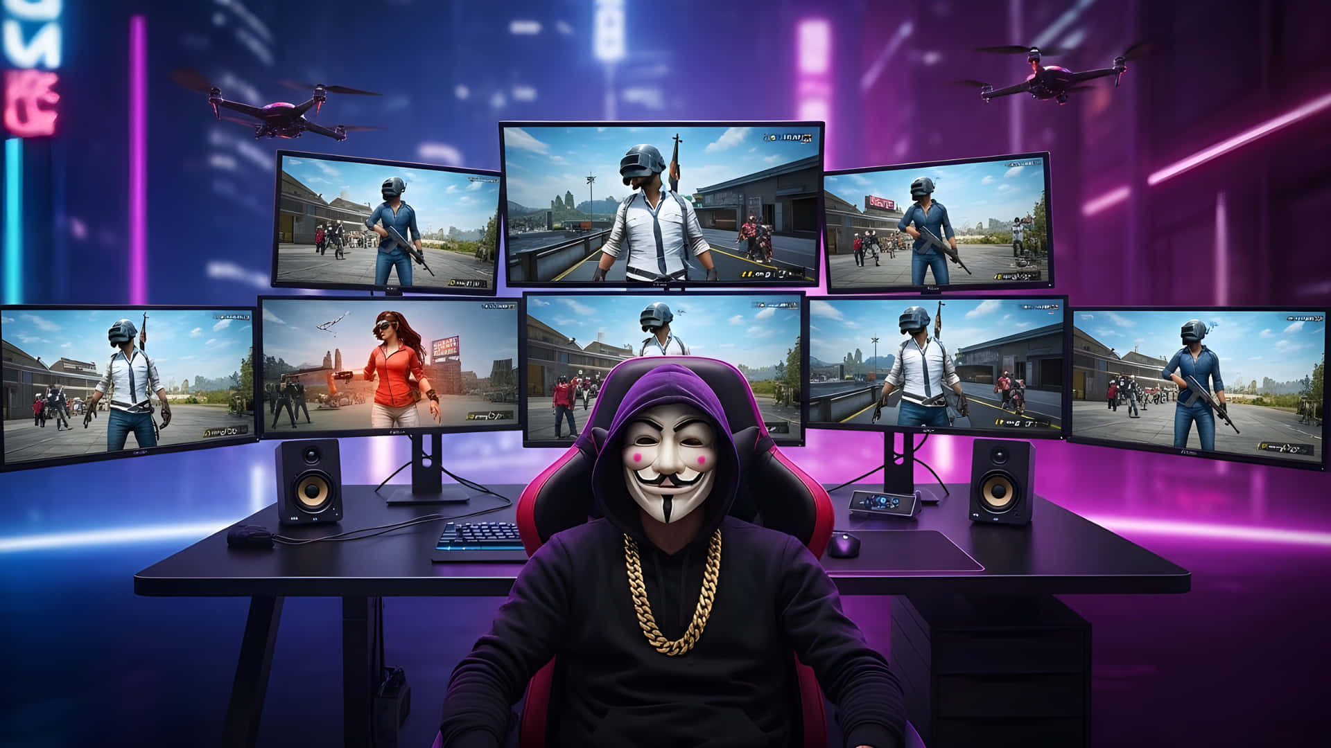 Gamer wearing Anonymous mask plays video games on multiple monitors 壁紙 — 一個穿著紫色連帽衫和蓋伊·福克斯面具的人坐在一張被多個顯示器包圍的桌子前，顯示器上顯示著一款大逃殺遊戲，無人機在頭頂飛過，房間裡充滿霓虹燈光。