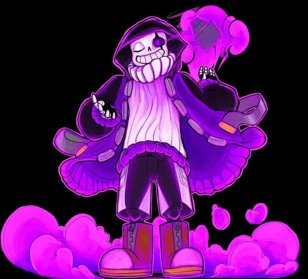 Sans 桌布 壁紙 — 一個穿著紫色連帽衫和靴子的卡通骷髏站在發光的粉紅色雲朵上，背景為黑色。