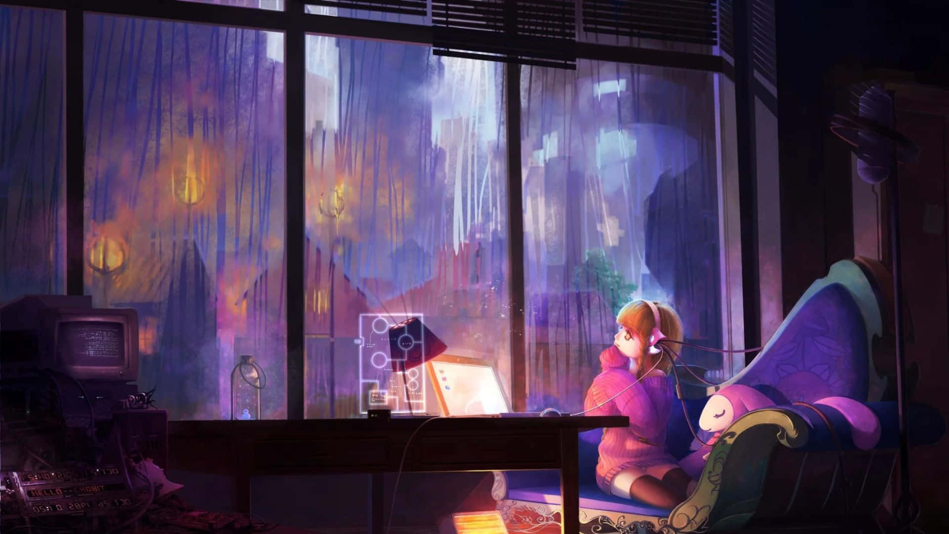 Aesthetic Anime Bedroom 桌布 壁紙 — 一個穿著紫色連帽衫的年輕女孩坐在昏暗房間的書桌前，透過被雨水打濕的玻璃窗凝視著窗外充滿活力的紫色和橙色城市景觀。