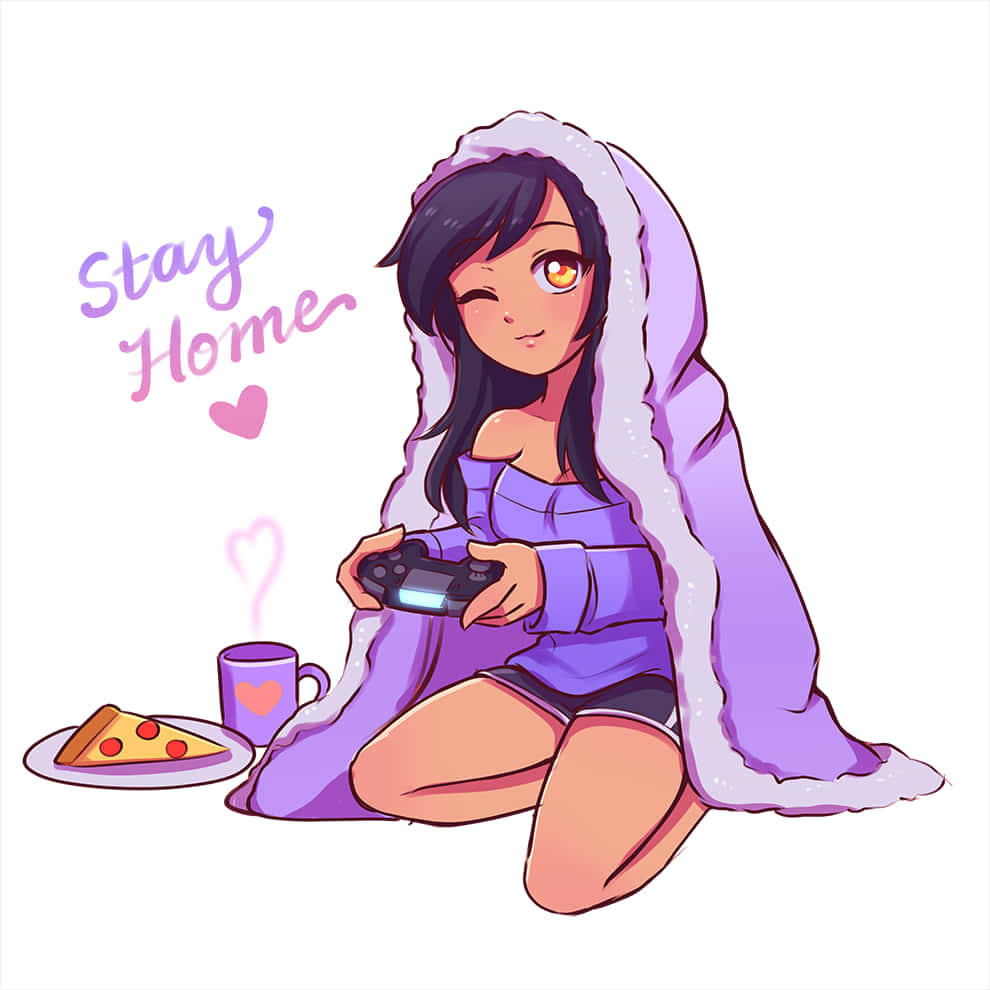 Aphmau 桌布 壁紙 — 一個穿著紫色連帽衫的開朗動漫女孩，一邊玩遊戲機，一邊享受披薩和熱飲。