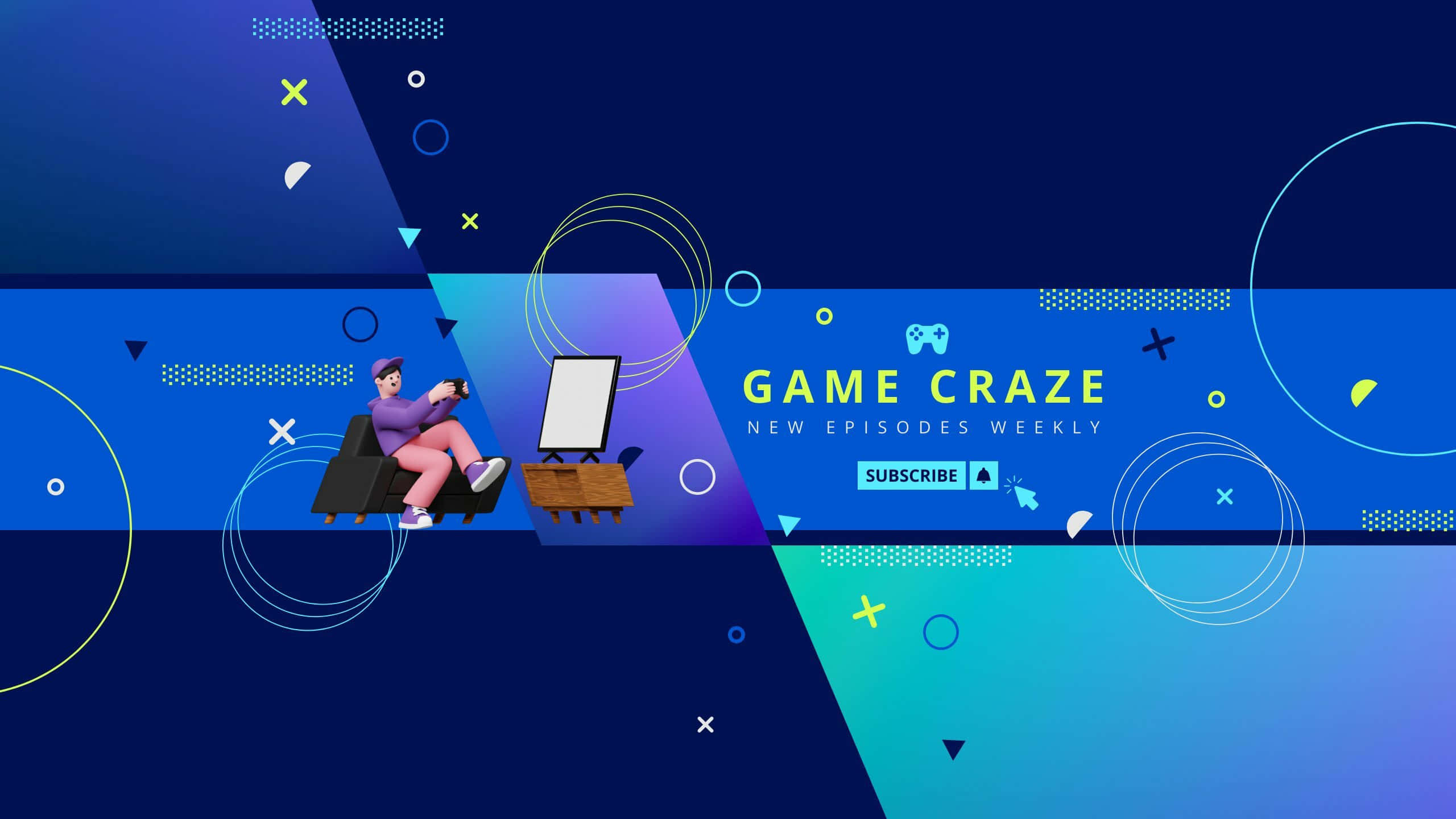 YouTube Banner Gaming 桌布 壁紙 — 一個穿著紫色連帽衫的風格化遊戲玩家坐在椅子上，手持控制器，周圍環繞著幾何形狀和發光的藍色漸變。