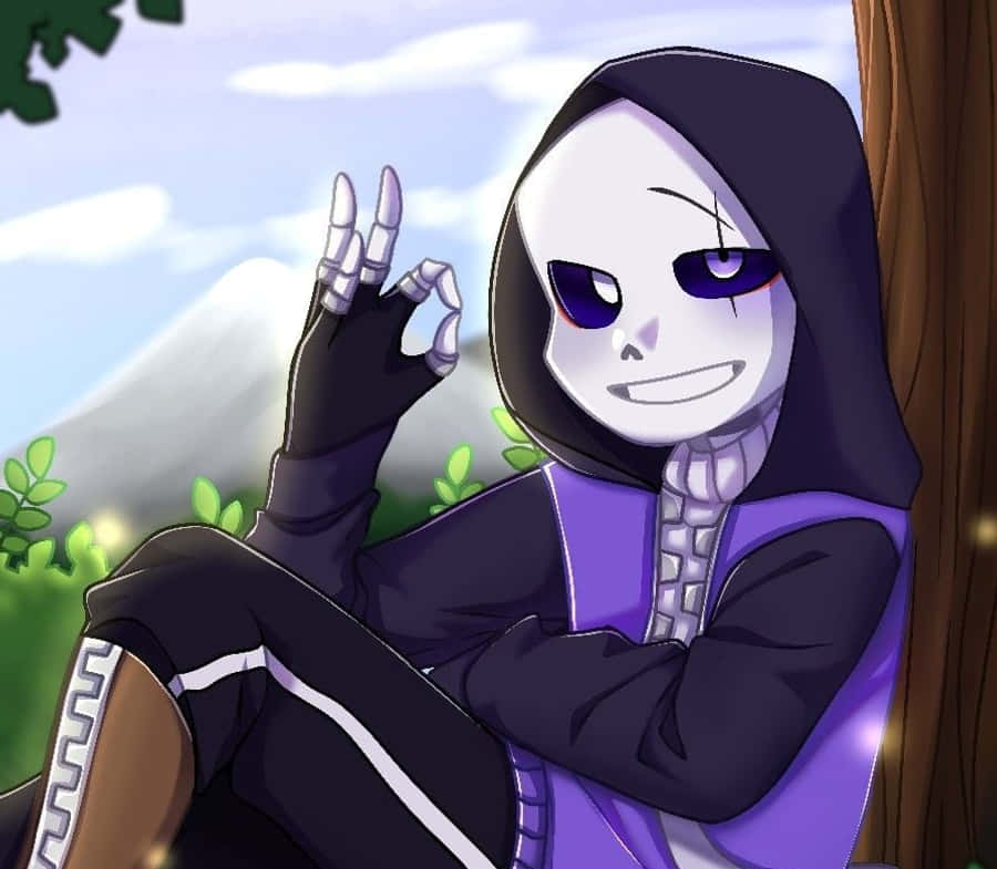 Sans 桌布 壁紙 — 一個穿著紫色連帽衫的骨骼動漫角色靠在一棵樹上，在明亮的天空下用骨感的手指做出OK手勢。