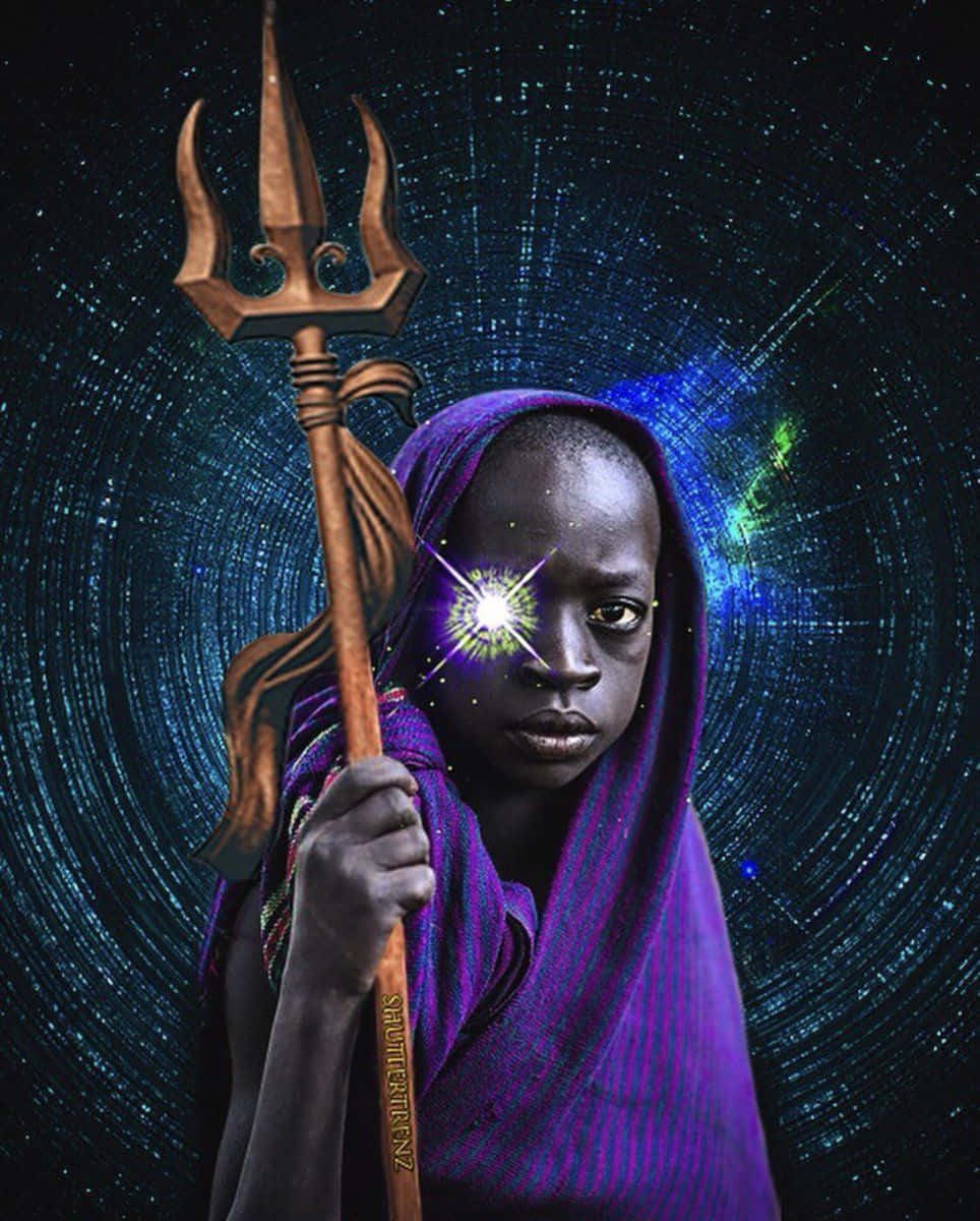 Afrofuturism 桌布 壁紙 — 一個穿著紫色連帽長袍的小孩，在旋轉的宇宙星空中手持三叉戟，有一隻發光的眼睛。