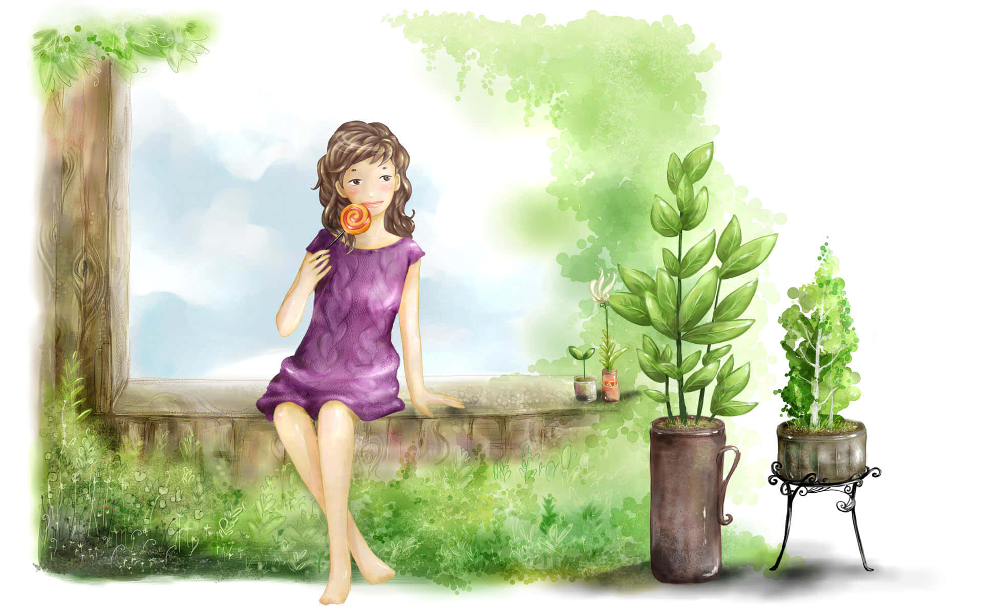 Watercolor 桌布 壁紙 — 一個穿著紫色連衣裙的女孩坐在石頭窗台上吃棒棒糖，周圍環繞著茂密的綠色植物和柔和的水彩光。