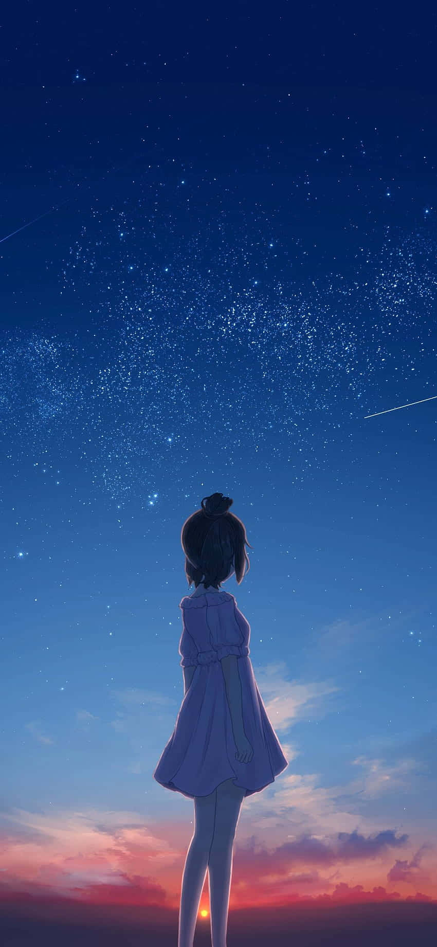 動漫女孩 桌布 壁紙 — 一個穿著紫色連衣裙的小女孩抬頭凝視著星光燦爛的黃昏天空，下方有粉紅色和橙色的雲彩條紋。