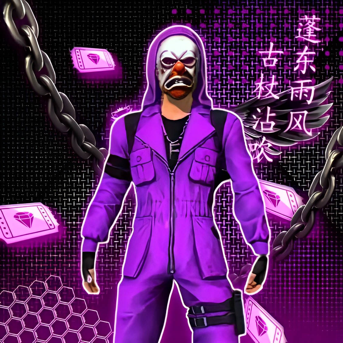 free fire criminal bundle 桌布 壁紙 — 一個穿著紫色連身衣的威脅性小丑站在發光的霓虹燈網格前，周圍漂浮著鑽石卡牌和鎖鏈。