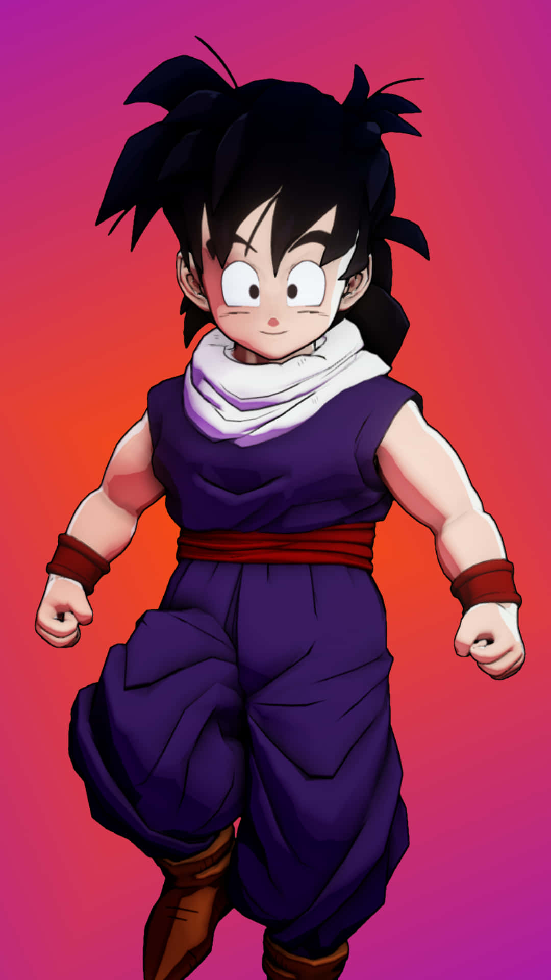 Teen Gohan 桌布 壁紙 — 一個穿著紫色道服和白色圍巾的年輕動漫男孩，自信地站在充滿活力的粉紅和橙色漸變背景前。