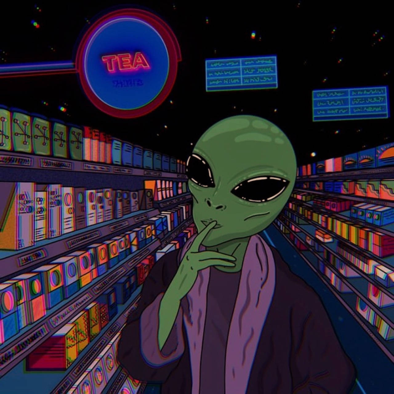 穿著紫色長袍的綠色外星人在色彩繽紛的太空商店通道中思考。 — 外星人 GIF 壁紙