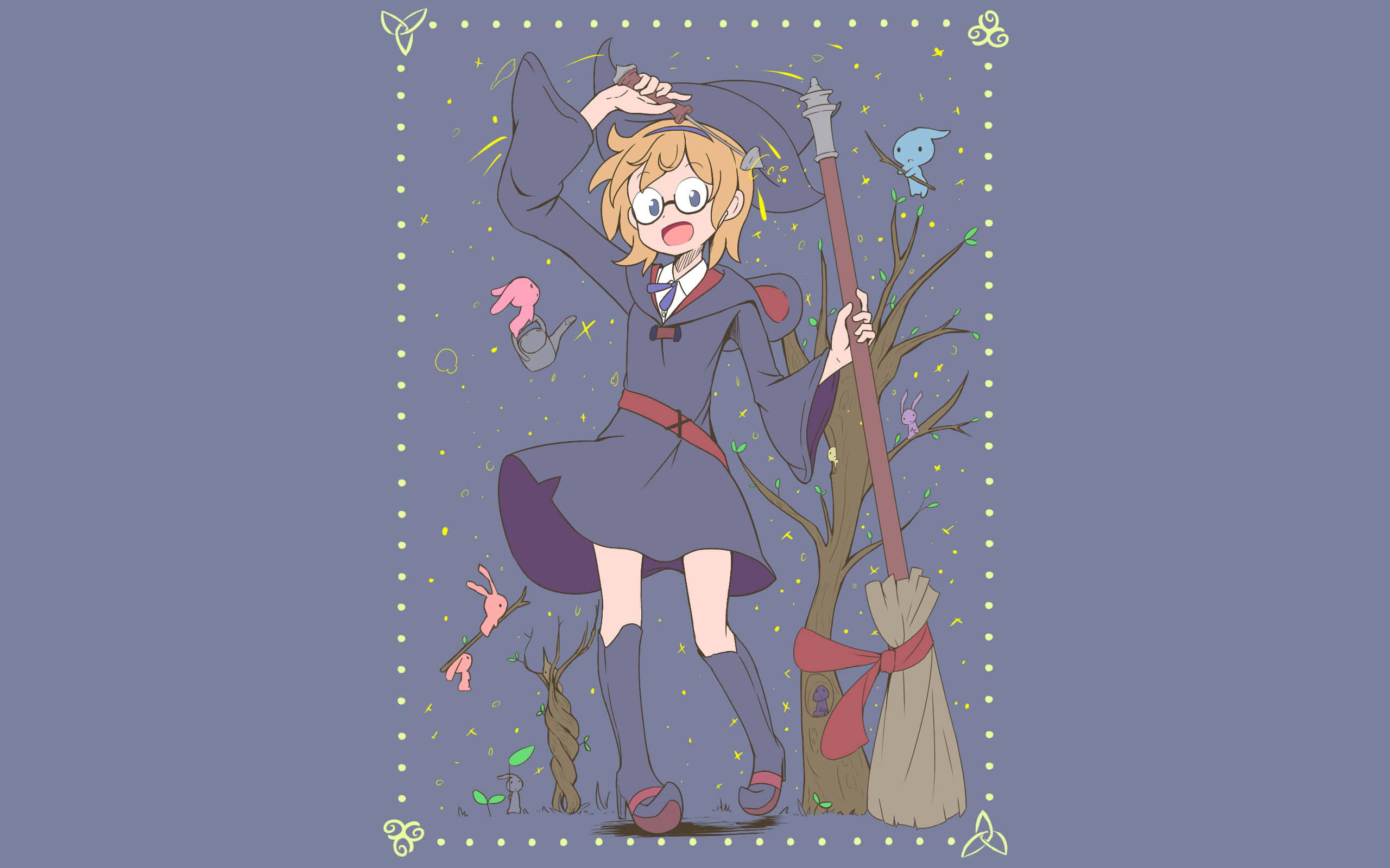 動漫女孩 桌布 壁紙 — 一個穿著紫色長袍的驚訝動漫女巫，在魔法生物圍繞她的掃帚飛舞時，緊緊抓住她的帽子。