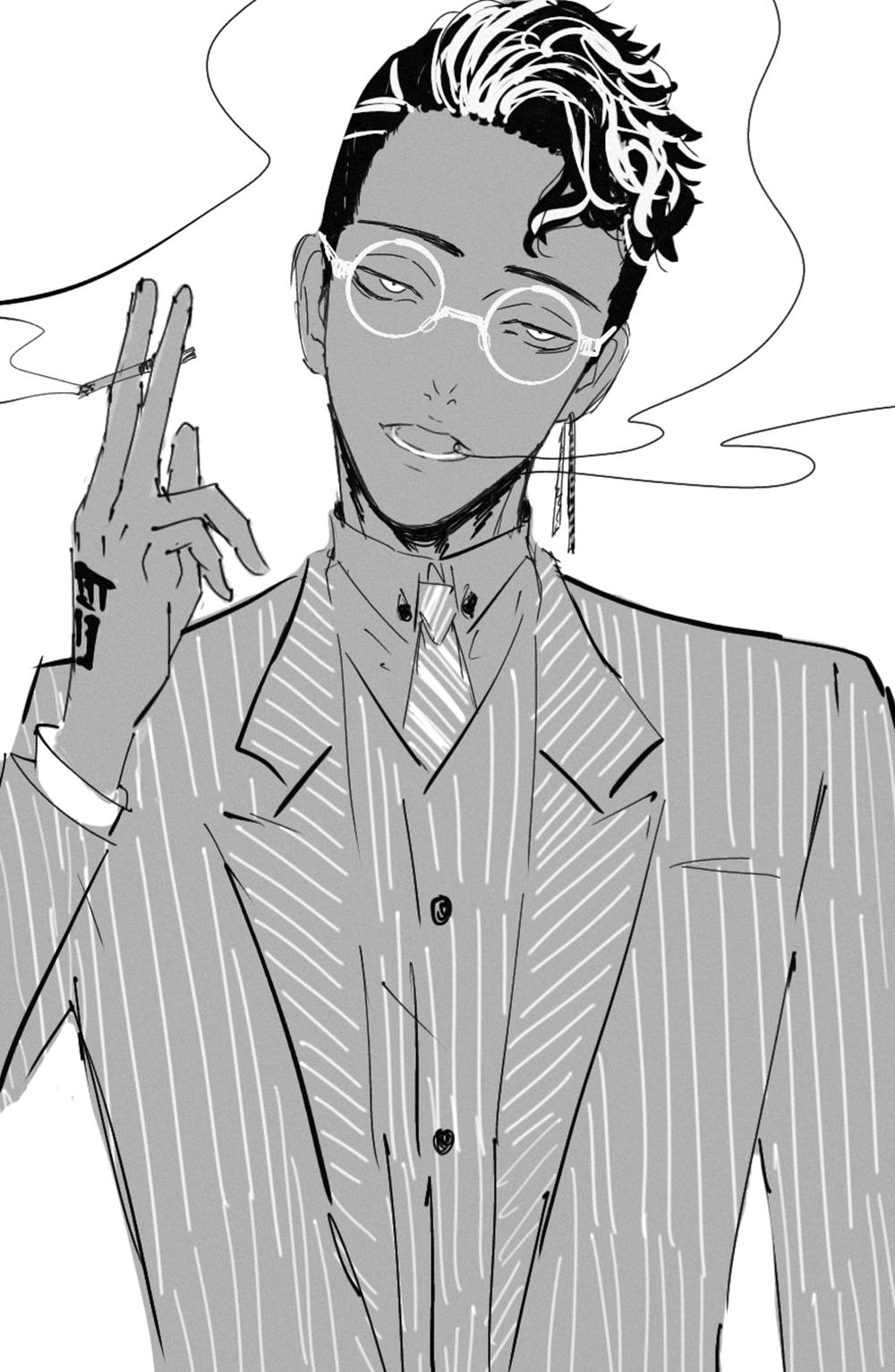 動漫 桌布 壁紙 — 一個穿著細條紋西裝的時尚動漫男子，帶著自信的笑容和眼鏡抽煙。