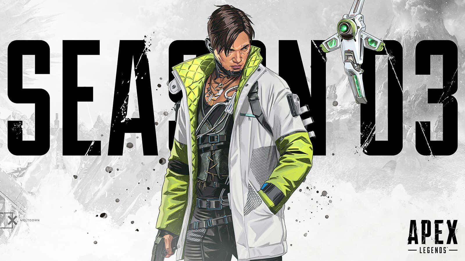 Apex Legends Crypto 桌布 壁紙 — 一個穿著綠色和白色外套的風格化數位藝術角色，站在粗體黑色文字前，宣佈Apex Legends的第03賽季。