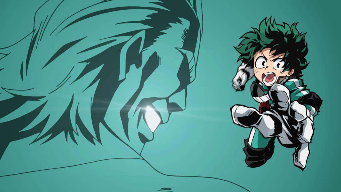 My Hero Academia Deku 桌布 壁紙 — 一個穿著綠色和白色套裝的Q版動畫英雄，睜大眼睛，面對著青綠色背景上的一個巨大陰影面孔，向前跳躍。