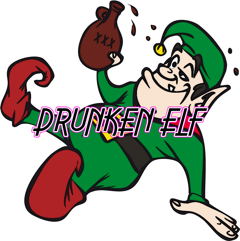 Drunk 桌布 壁紙 — 一個穿著綠色和紅色衣服的卡通精靈，拿著一個標有 'XXX' 的灑了酒的酒壺，跌倒了。