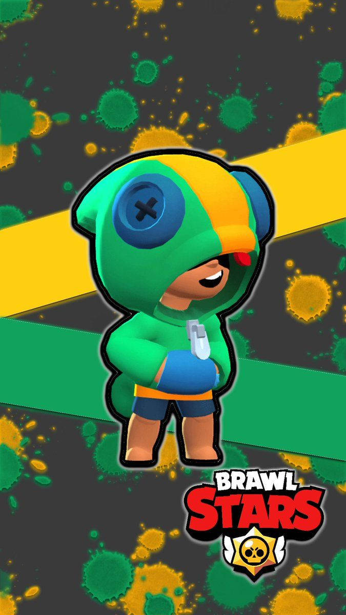 荒野亂鬥 桌布 壁紙 — 一個穿著綠色和黃色連帽衫的開朗 Brawl Stars 角色，站在充滿油漆飛濺和大膽對角線條的動態背景前。
