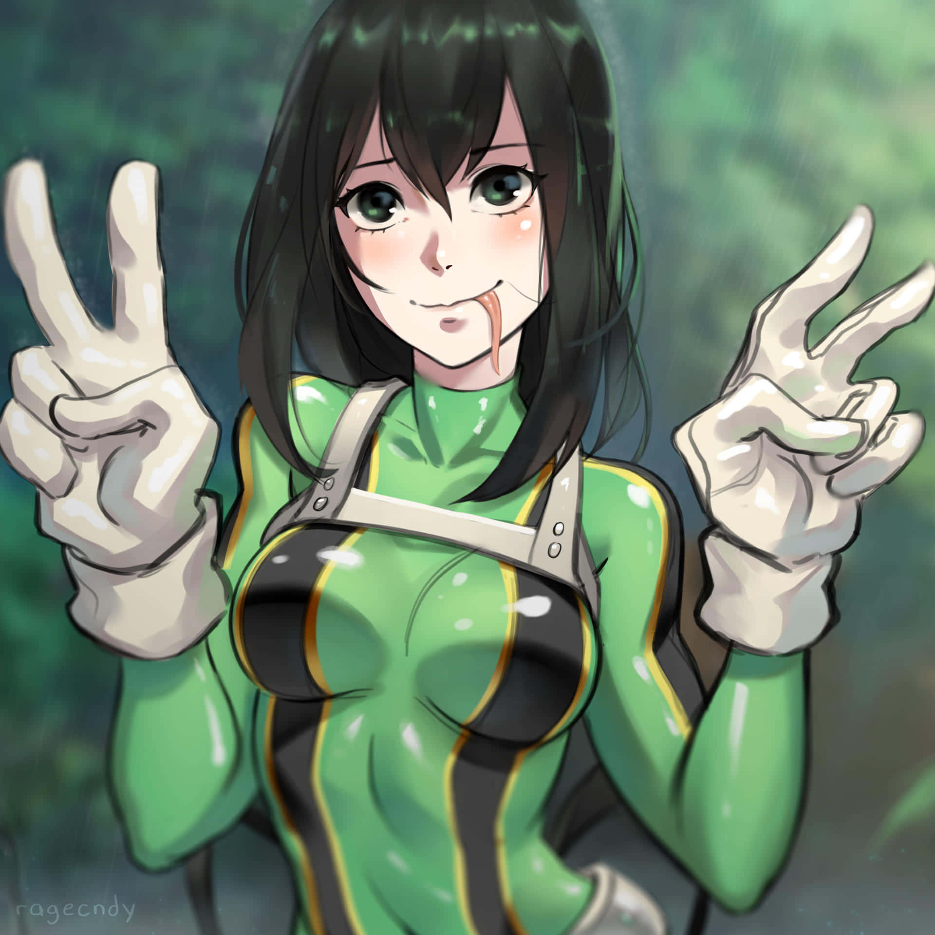 Froppy 桌布 壁紙 — 一個穿著綠色和黑色服裝的開朗動漫女孩，雙手比出和平手勢，微笑著頑皮地伸出舌頭。