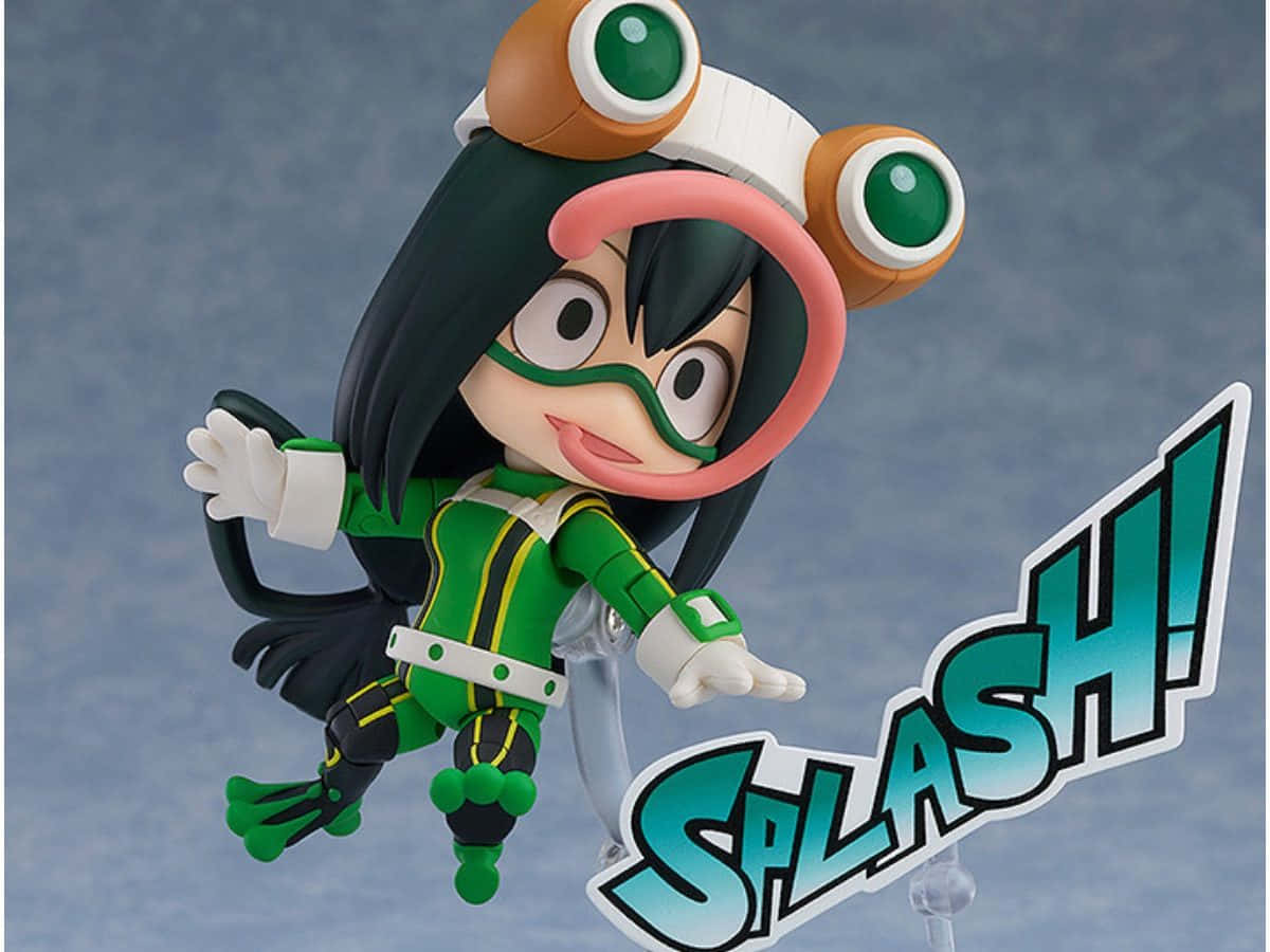 Froppy 桌布 壁紙 — 一個穿著綠色和黑色超級英雄裝備、戴著青蛙主題護目鏡和「SPLASH！」圖案的Q版動畫女孩公仔。