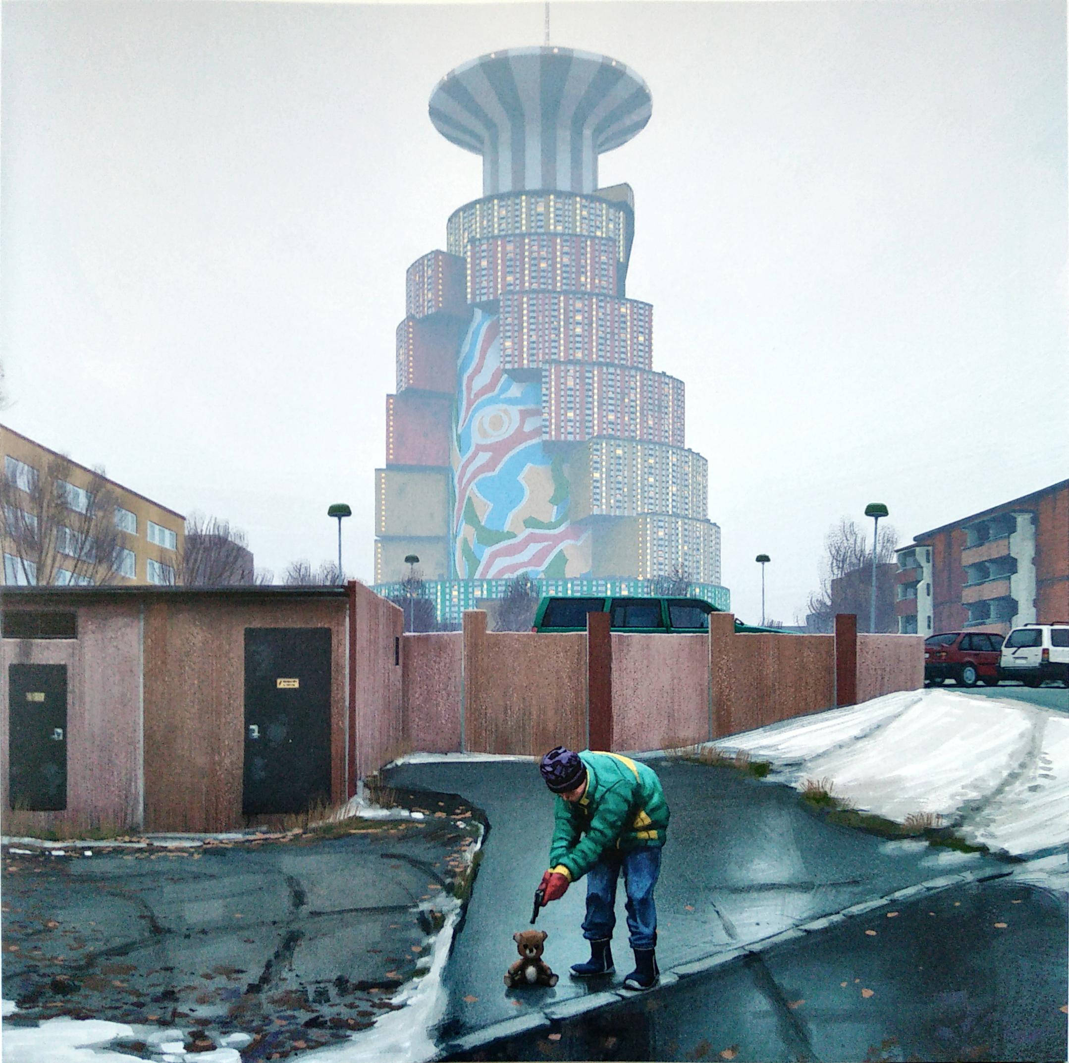 Urban 桌布 壁紙 — 一個穿著綠色外套的小孩跪在積雪的都市街道上，在泰迪熊旁邊拿著玩具槍，背景是一座高聳、色彩繽紛、未來主義的建築。
