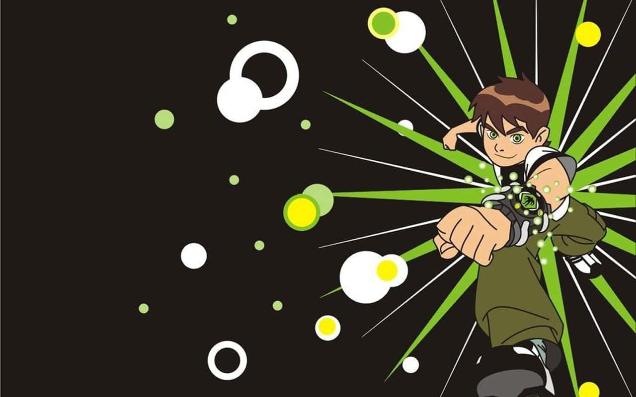Ben 10 桌布 壁紙 — 一個穿著綠色外套的小男孩啟動了一個發光的手腕裝置，在黑暗的背景上釋放出綠色能量光束和漂浮的球體。