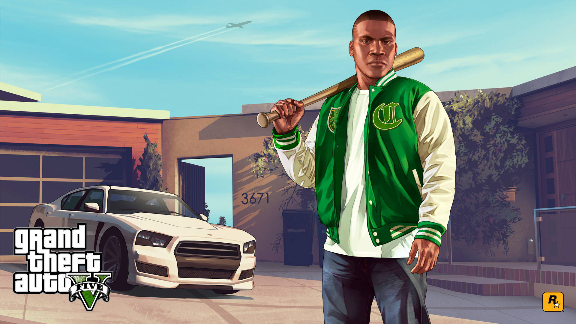 Gta 桌布 壁紙 — 一個穿著綠色大學外套的男人在陽光明媚的郊區車道上，拿著棒球棍站在一輛白色跑車旁邊。