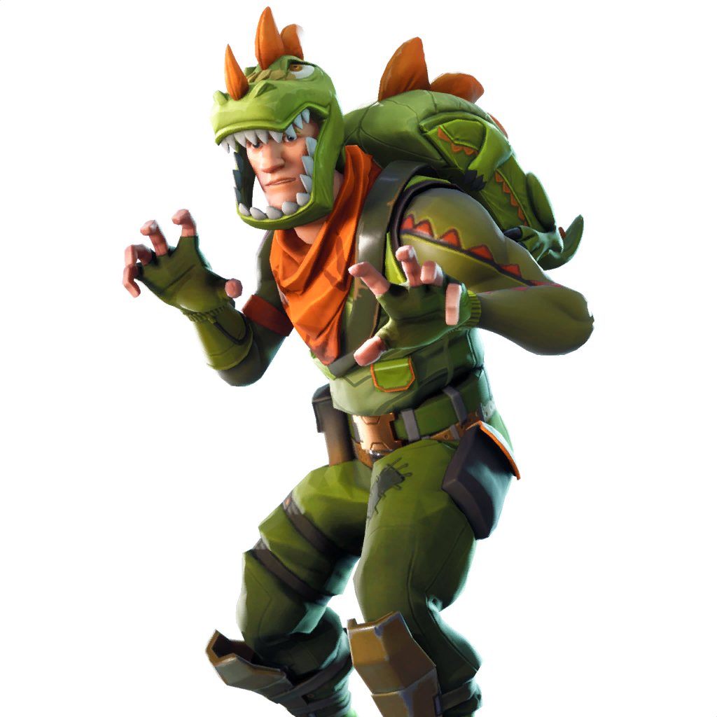 T Rex Dinosaur 桌布 壁紙 — 一個穿著綠色恐龍主題服裝、帶有橙色點綴的Fortnite角色，在條紋彩虹背景前擺出動態姿勢。
