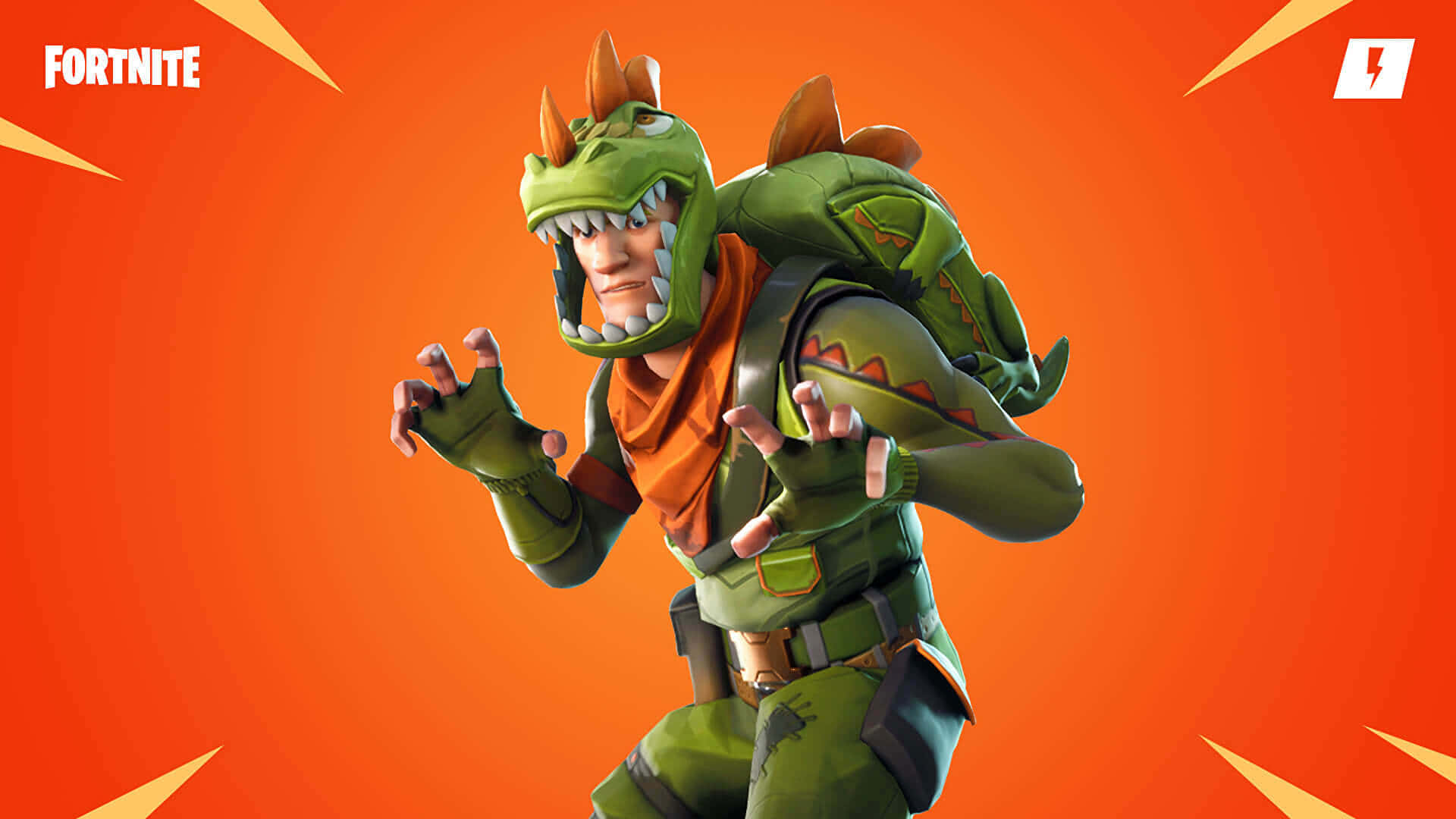 桌布 壁紙 — 一個穿著綠色恐龍主題服裝的Fortnite角色，在帶有黃色射線的鮮豔橙色背景前動態擺姿勢。