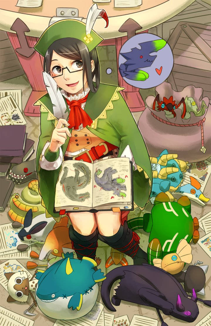 Cute Anime Girl 桌布 壁紙 — 一個穿著綠色探險家服裝的開朗動畫女孩，在雜亂的書房中，被色彩繽紛的奇幻生物包圍，正在研究一本怪物書。