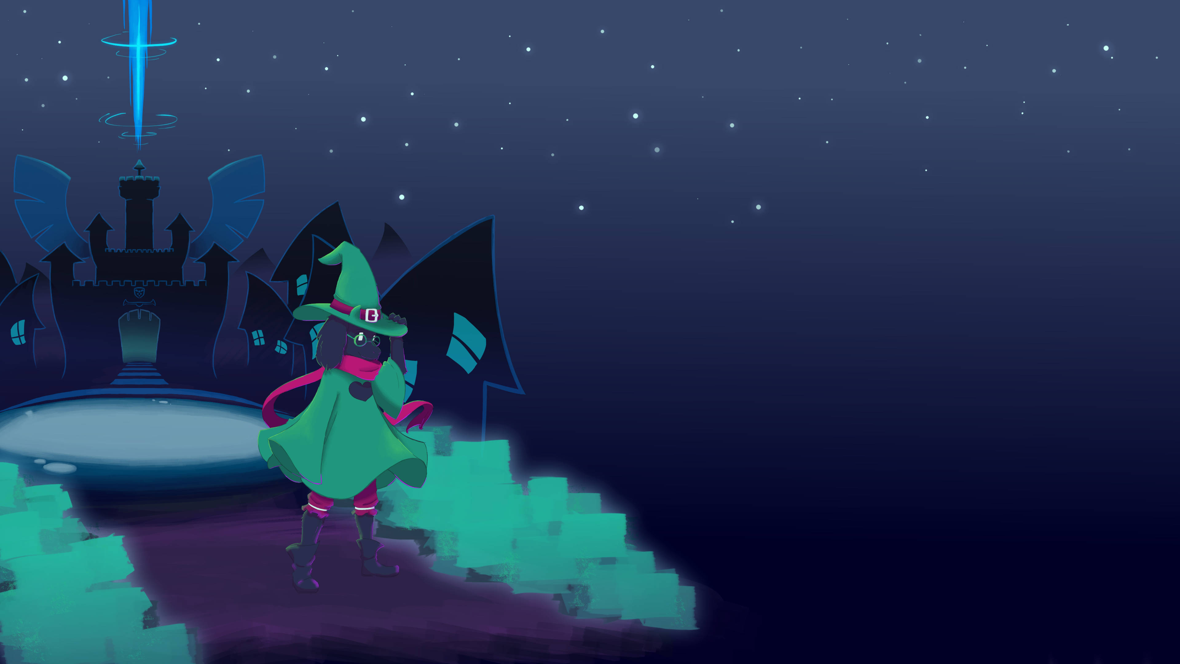 Ralsei 桌布 壁紙 — 一個穿著綠色斗篷的卡通女巫站在發光的樓梯上，下方是星空，遠處有城堡。