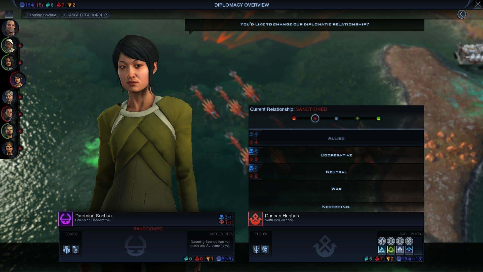Civilization Beyond Earth 桌布 壁紙 — 一個穿著綠色服裝的女性角色站在遊戲外交選單中，背後是發光的外星景觀。