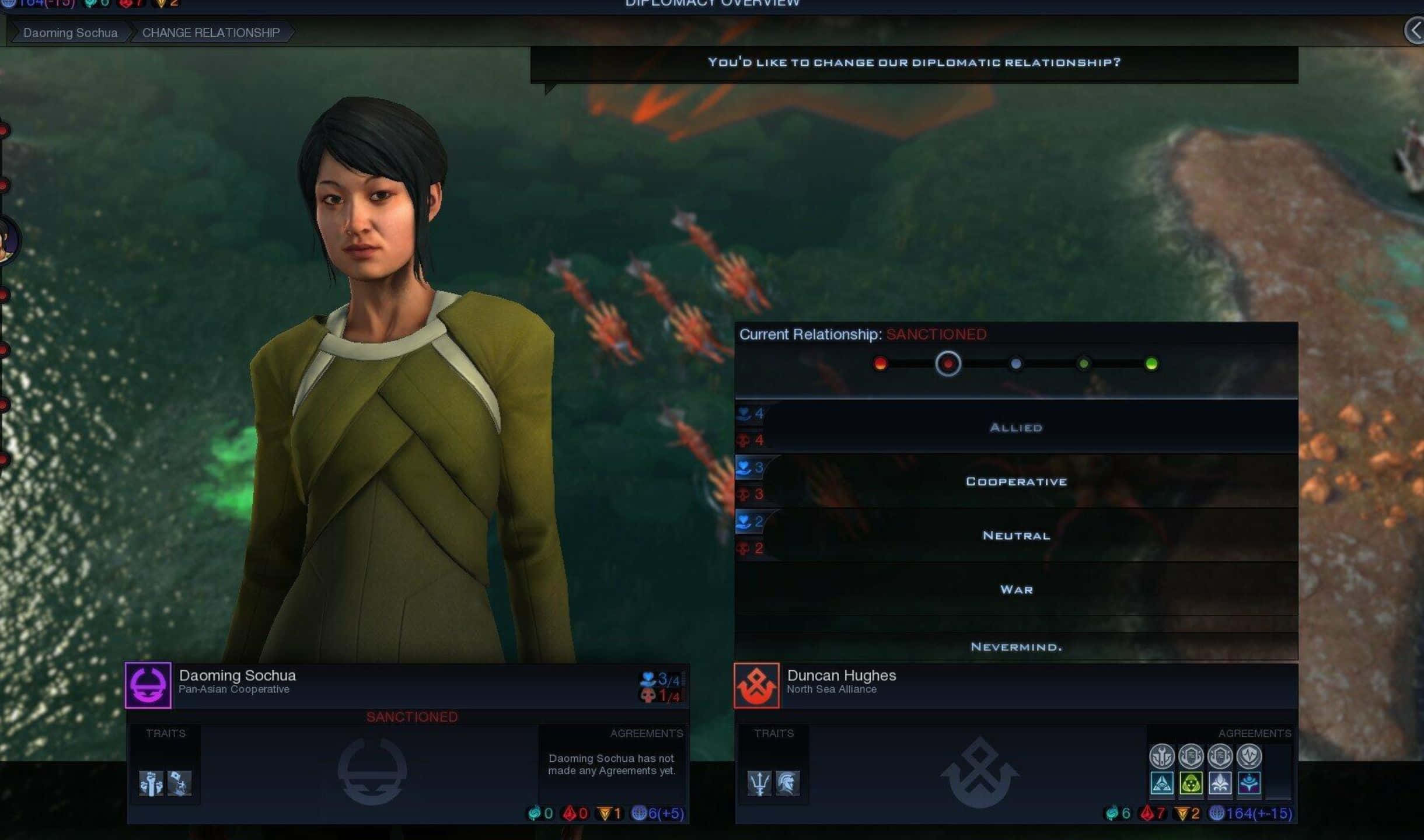 2440x1440 Civilization Beyond Earth 桌布 壁紙 — 一個穿著綠色服裝的女性角色站在遊戲介面中，顯示外交關係選項，背景是宇宙。