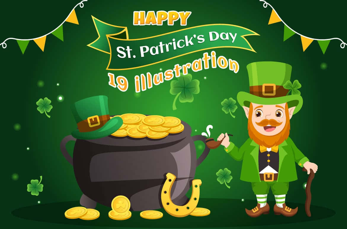 St Patrick's Day 桌布 壁紙 — 一個穿著綠色服裝的快樂卡通小妖精站在一個裝滿金幣和馬蹄鐵的鍋旁邊，背景是節日的綠色。