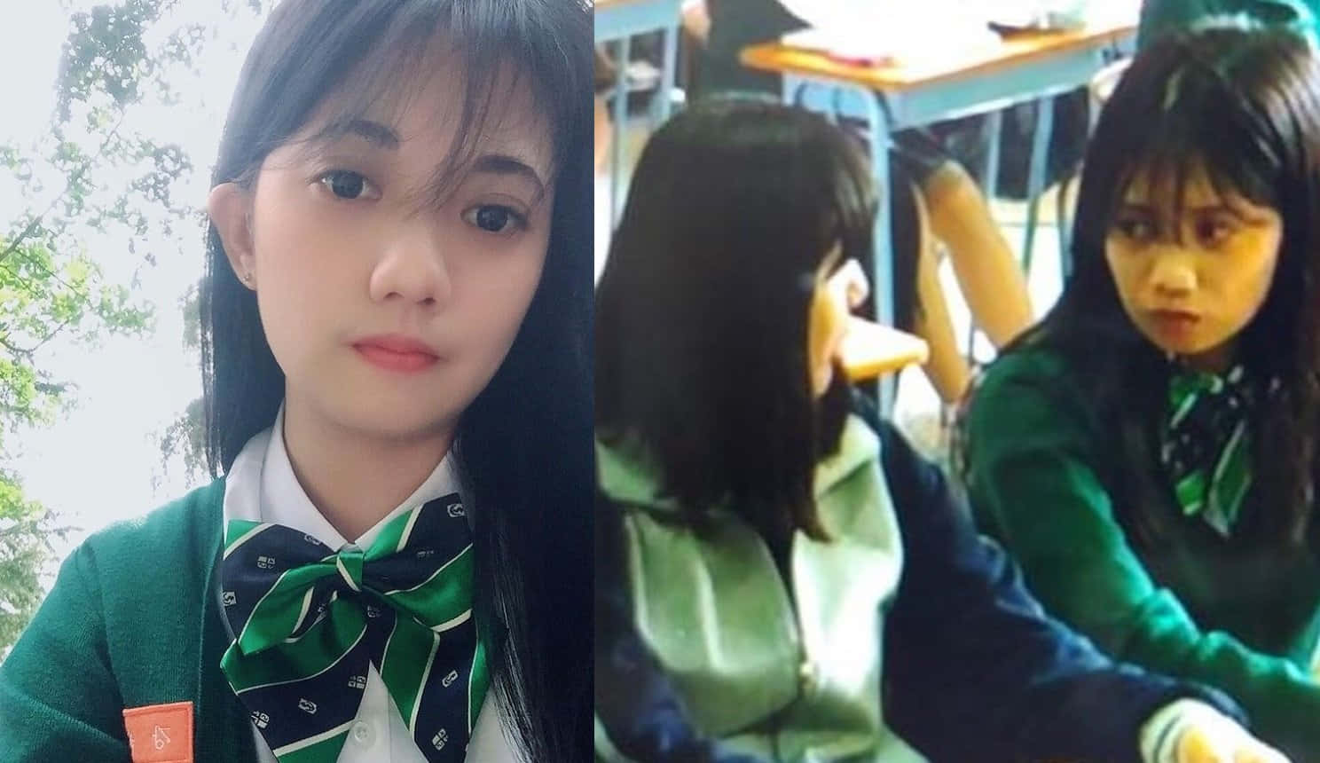 All Of US Are Dead 桌布 壁紙 — 一個穿著綠色校服、戴著條紋蝴蝶結的年輕女孩直視鏡頭，而另一名學生則坐在教室附近。