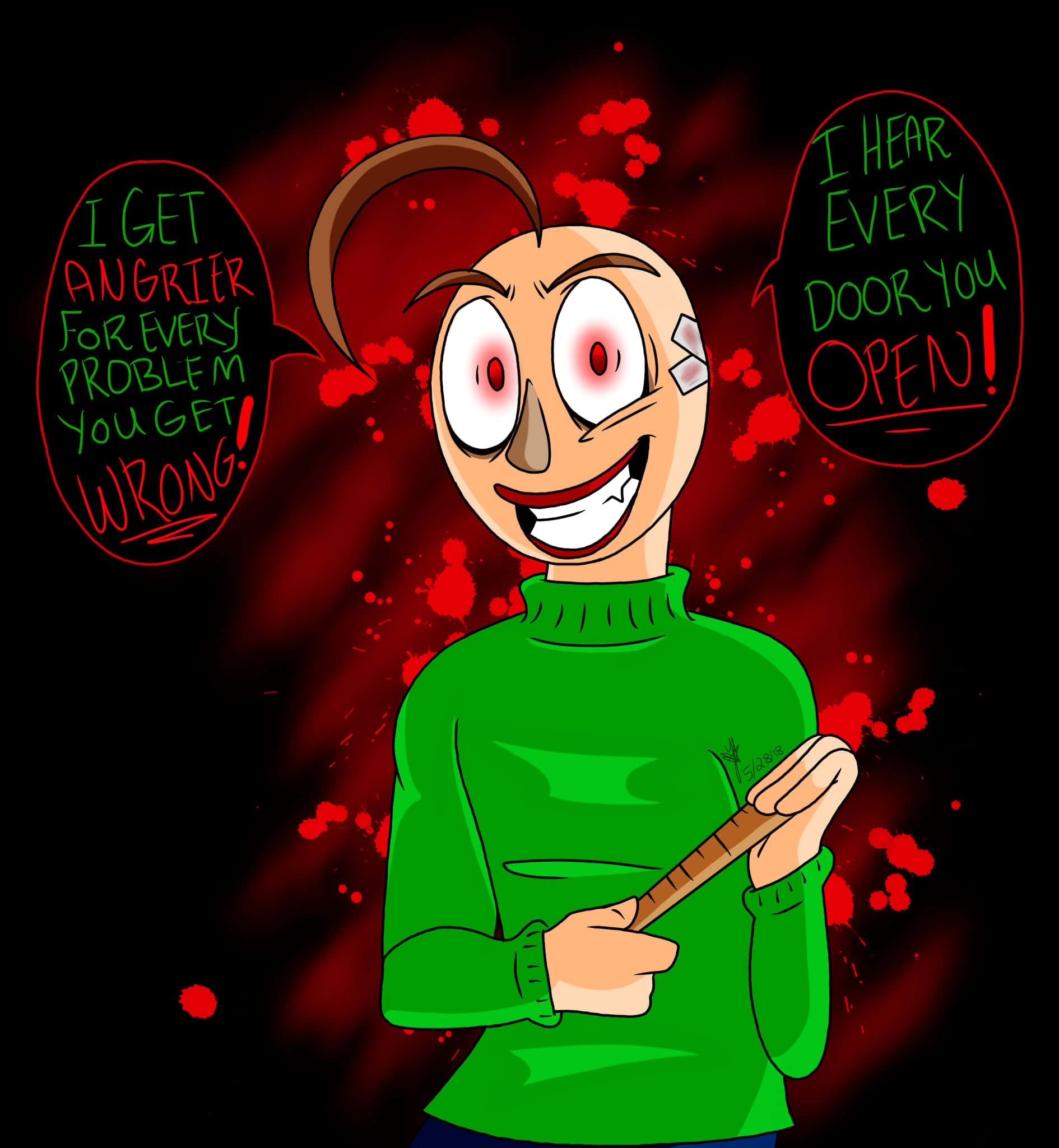 Baldi 桌布 壁紙 — 一個穿著綠色毛衣的卡通角色在紅色飛濺背景上拿著鉛筆，旁邊有憤怒的對話氣泡。