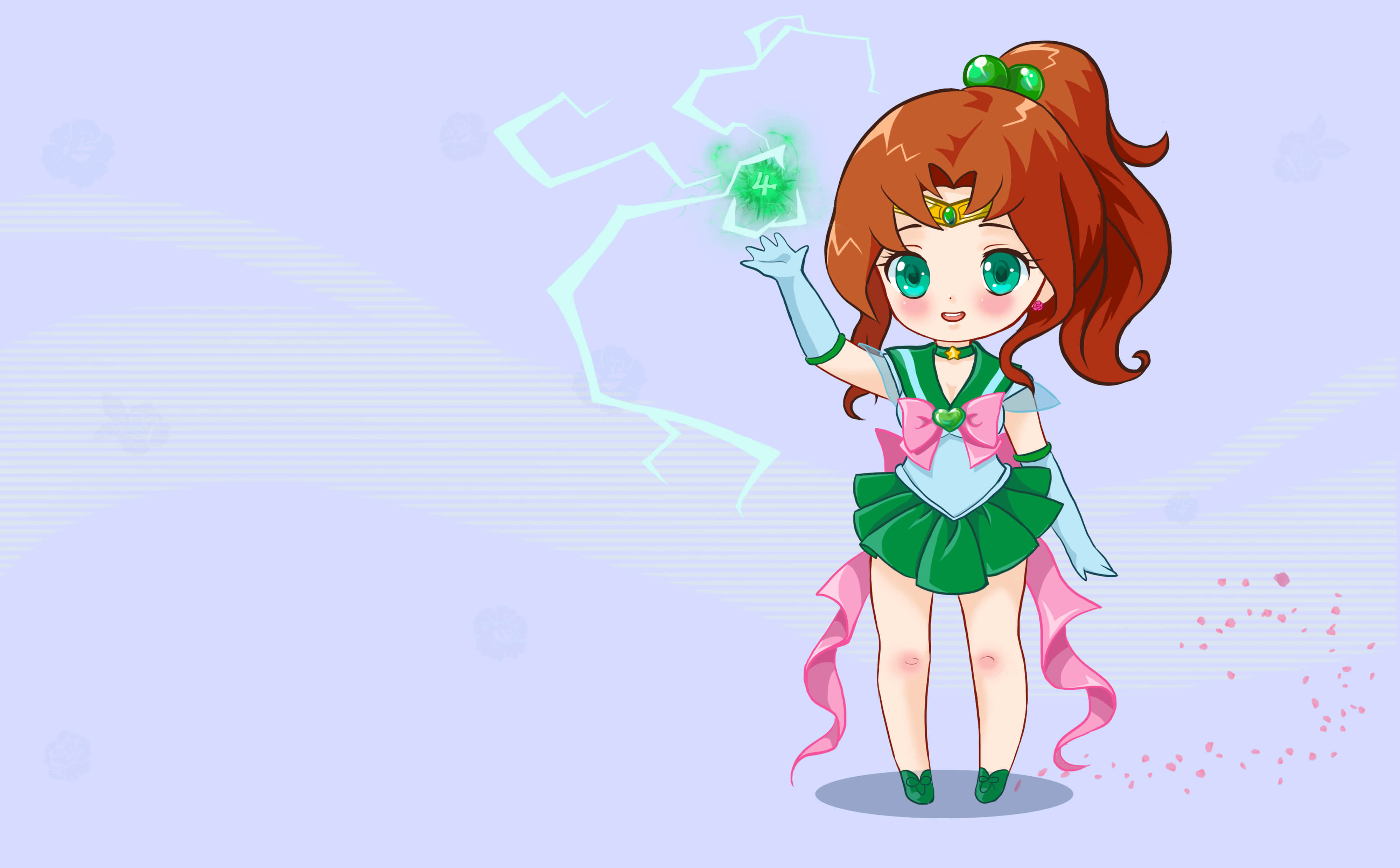 sailor jupiter 桌布 壁紙 — 一個穿著綠色水手服的開朗Q版動漫女孩，伴隨著閃爍的能量效果召喚出發光的綠色魔法。