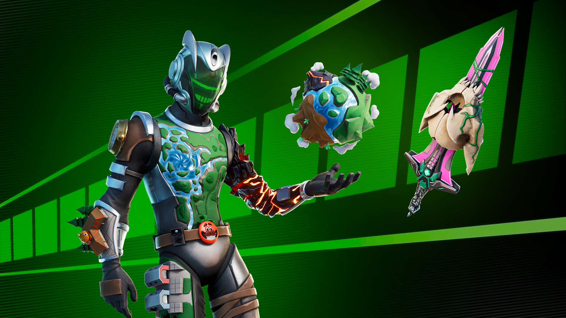 Fortnite 桌布 壁紙 — 一個穿著綠色盔甲的Fortnite角色在霓虹綠色數位背景前手持發光武器。