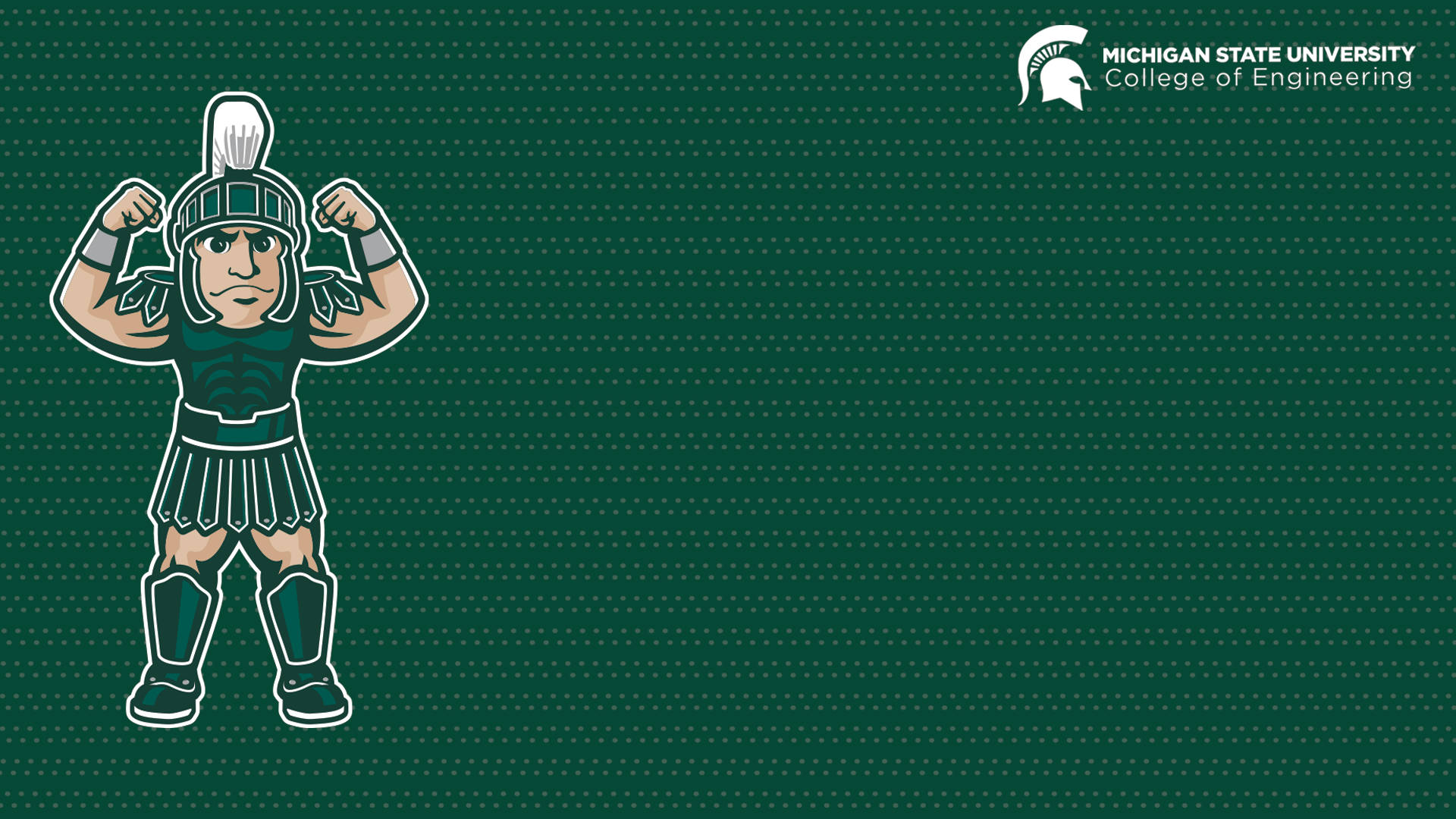 Michigan State Spartans 桌布 壁紙 — 一個穿著綠色盔甲的卡通斯巴達吉祥物在點狀綠色背景上展示肌肉，並帶有密西根州立大學工程學院的標誌。