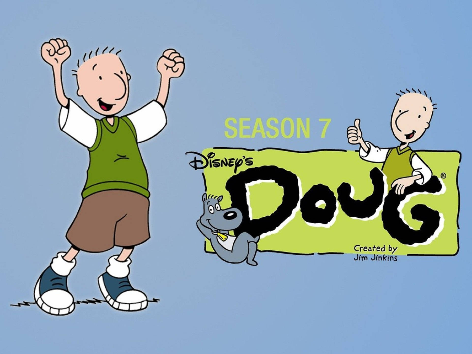 Doug 桌布 壁紙 — 一個穿著綠色背心和棕色短褲的開心卡通男孩，在帶有狗和「Season 7」文字的「Doug」節目標誌旁邊舉起拳頭跳躍。