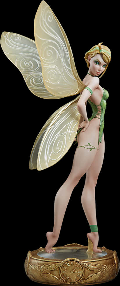 Tinker Bell 桌布 壁紙 — 一個穿著綠色衣服、擁有半透明金色翅膀的仙女詳細雕像，站在華麗的金色底座上，背景為黑色。