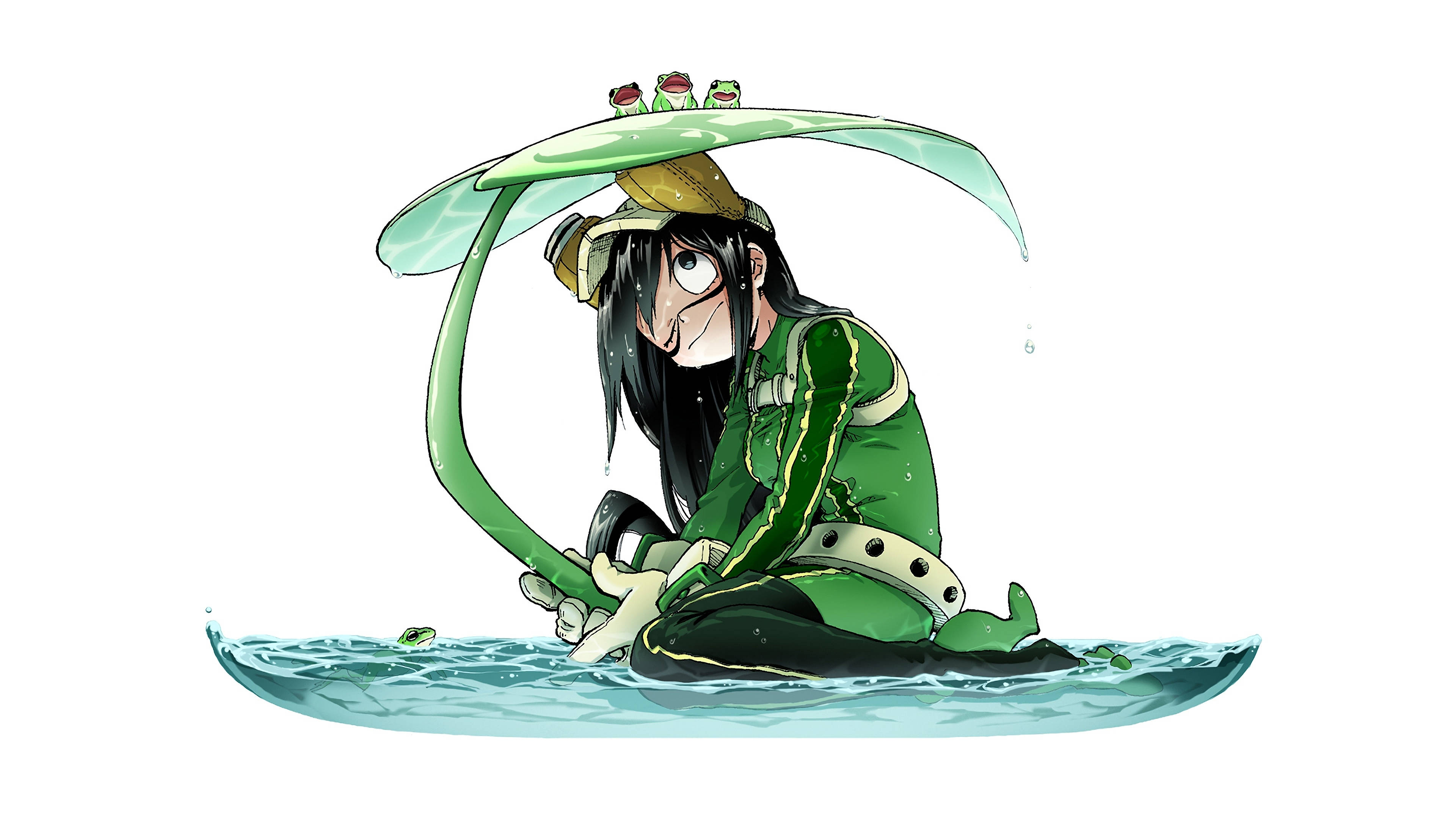 Froppy 桌布 壁紙 — 一個穿著綠色衣服、長著黑色長髮的動漫女孩坐在淺水中，拿著一把巨大的葉傘，傘頂上有三隻青蛙。