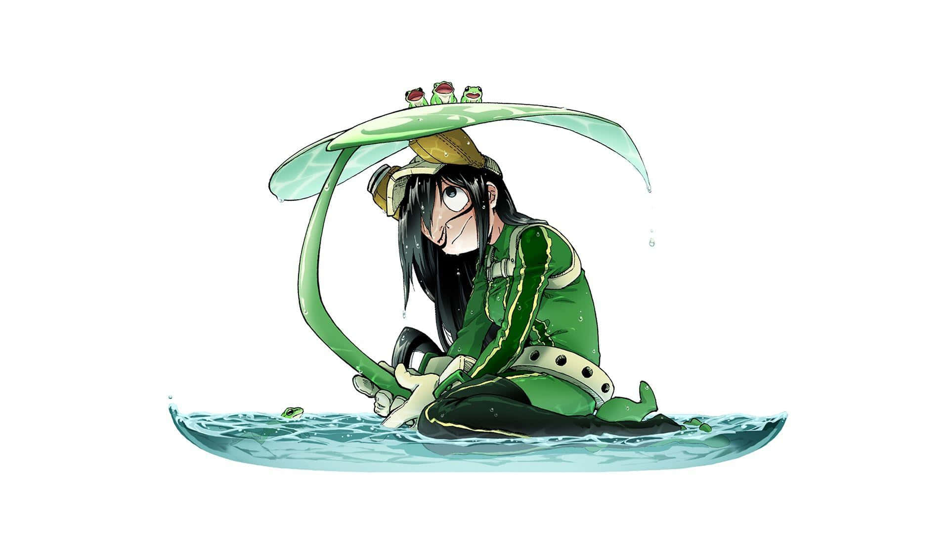 Tsuyu Asui 桌布 壁紙 — 一個穿著綠色衣服、黑色長髮的動漫女孩坐在淺水中，拿著一把巨大的葉子傘，傘頂上有三隻青蛙。