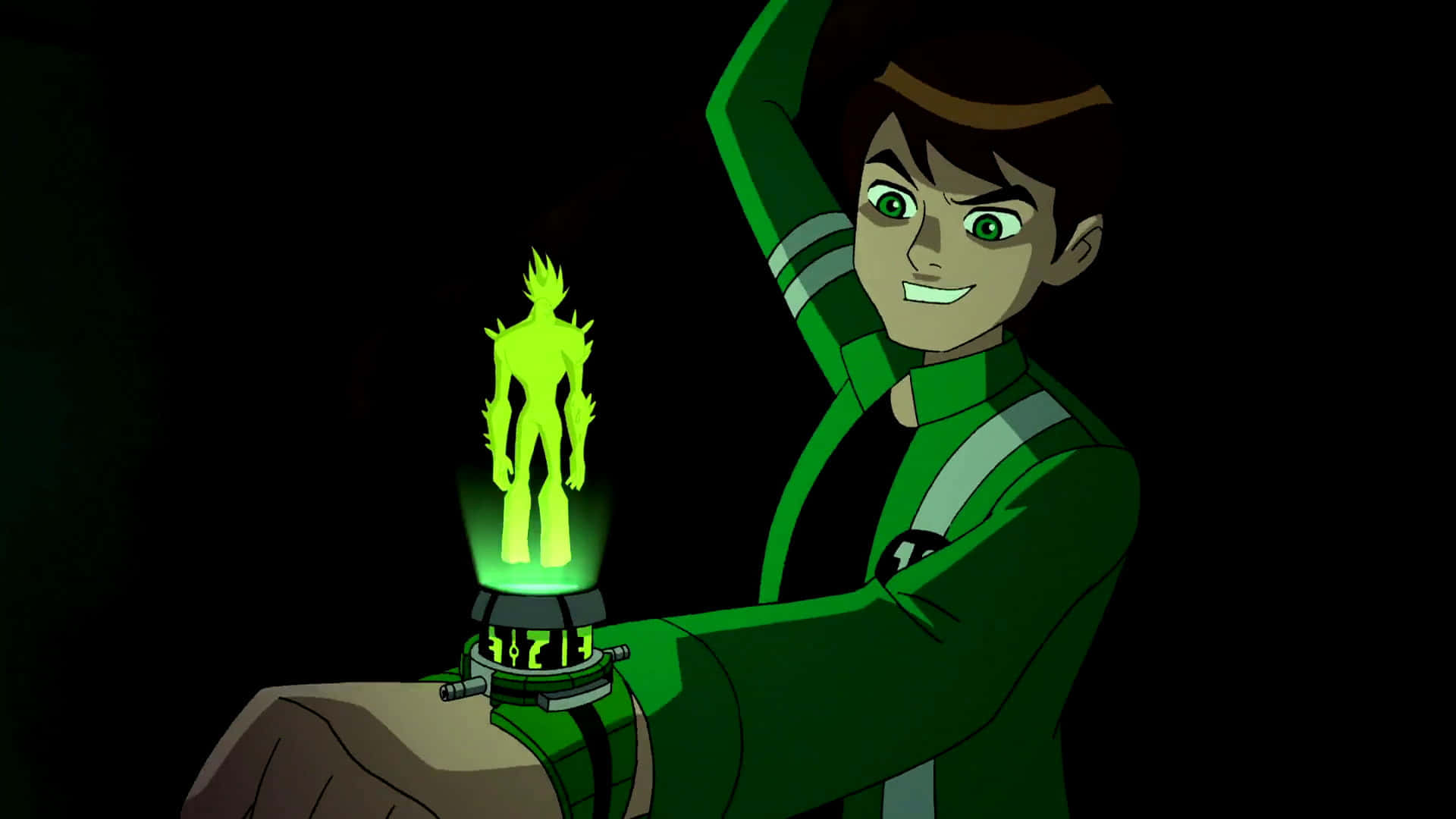 Ben 10 桌布 壁紙 — 一個穿著綠色衣服的小男孩手持一個發光的外星裝置，在黑暗背景上顯示出熾熱的綠色剪影。