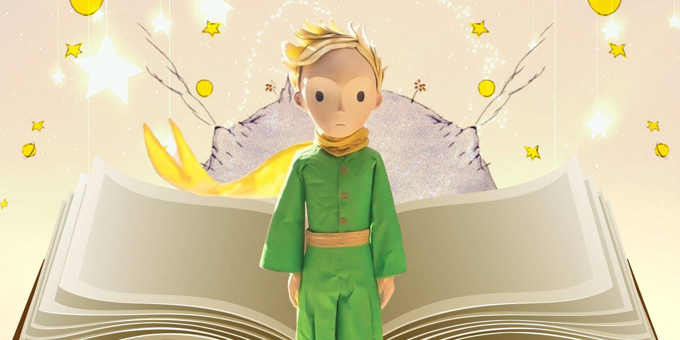 王子 桌布 壁紙 — 一個穿著綠色衣服的小男孩站在一本打開的書前，有一隻狐狸和星星在他周圍漂浮。