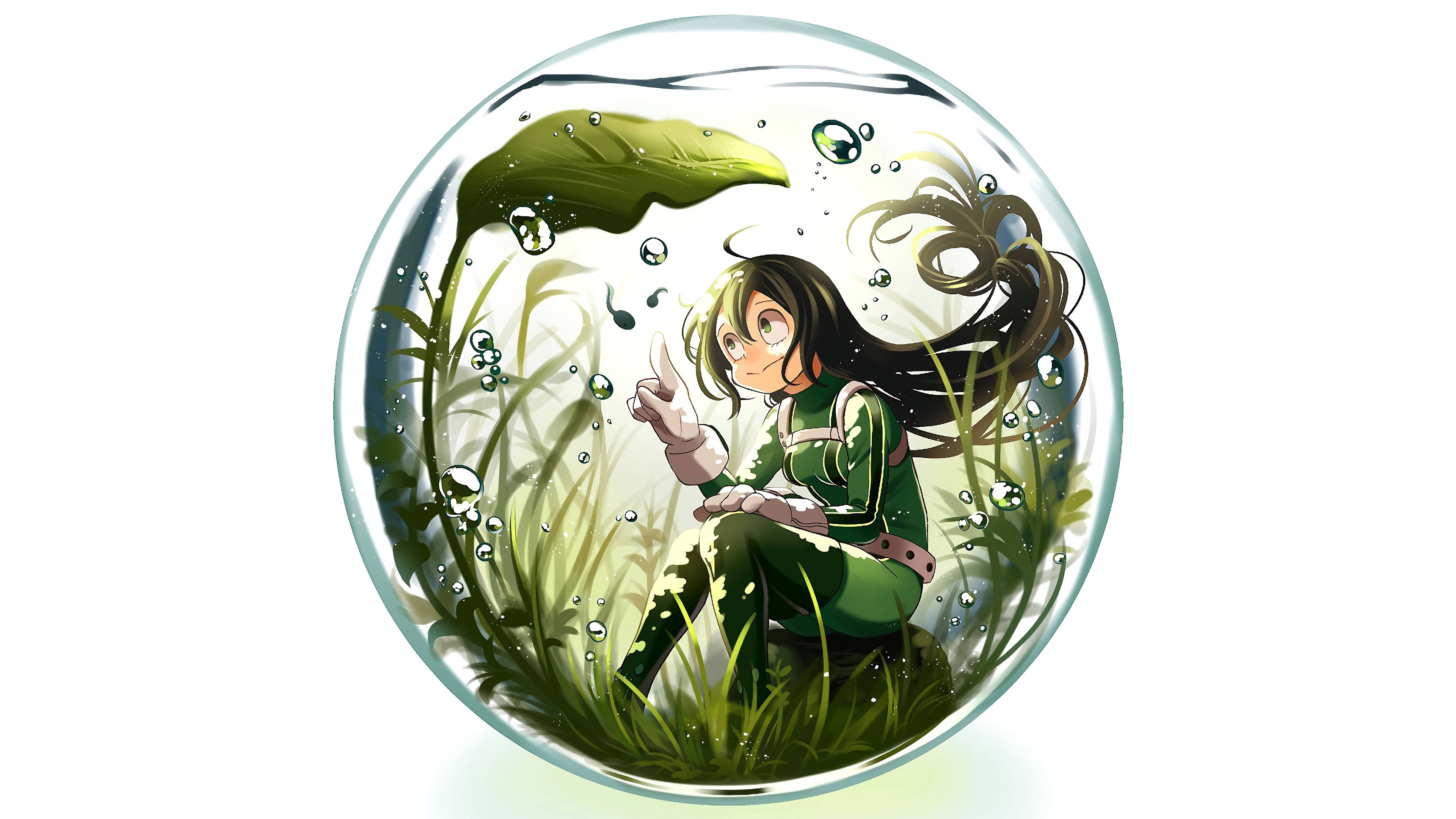 Froppy 桌布 壁紙 — 一個穿著綠色裝備的動漫女孩坐在一個被水生植物和氣泡包圍的玻璃球內。