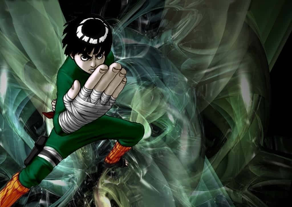 Naruto Green 桌布 壁紙 — 一個穿著綠色裝備的動漫忍者，在黑暗背景下以強烈的專注力引導旋轉的綠色查克拉。