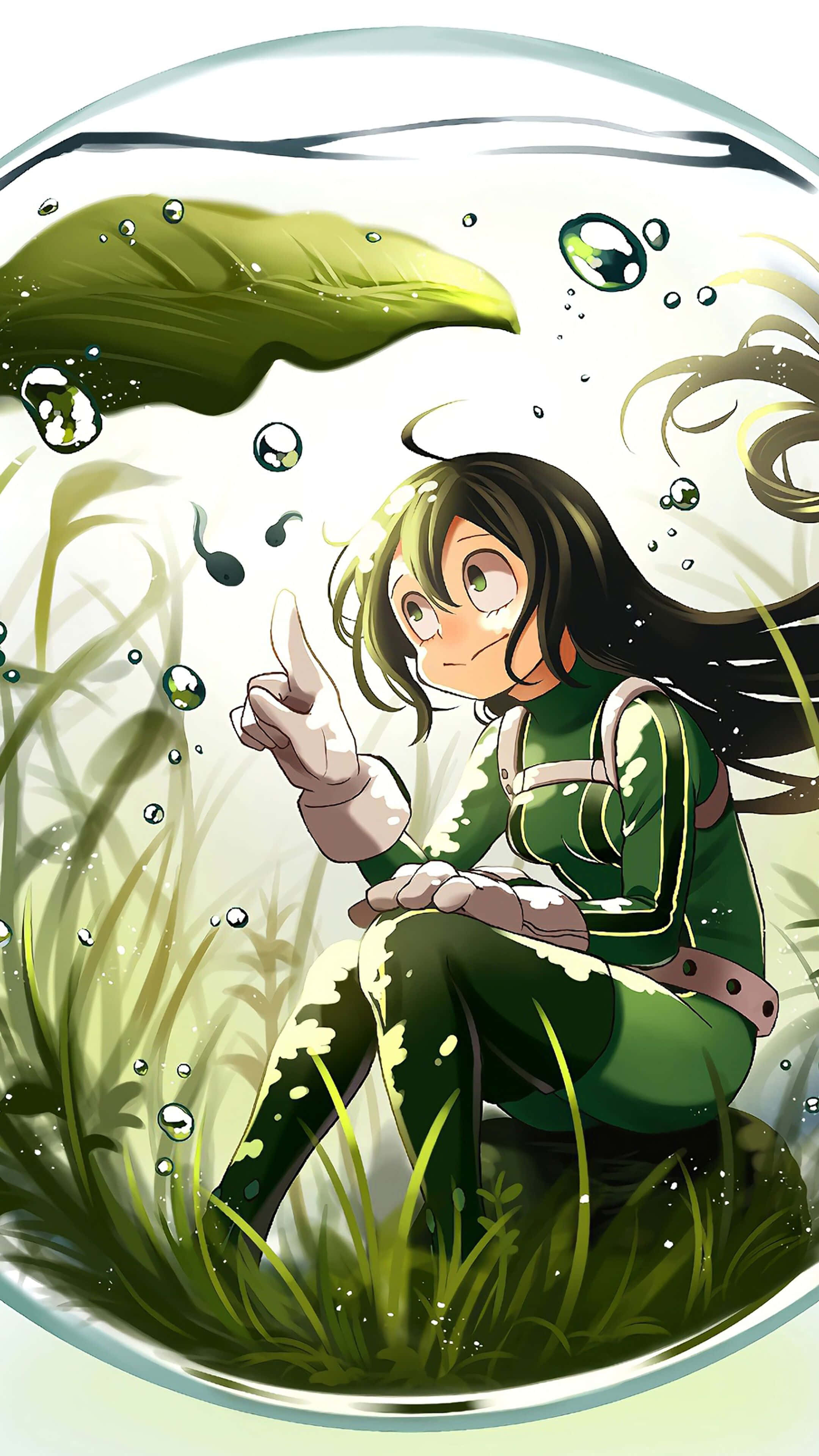 Froppy 桌布 壁紙 — 一個穿著綠色裝備的年輕動漫女孩坐在一個透明泡泡內，周圍是草地和漂浮的蝌蚪。