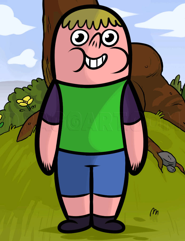 Animated 桌布 壁紙 — 一個穿著綠色襯衫和藍色短褲的開朗卡通男孩，在藍天白雲下的草地上微笑站立。
