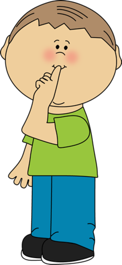 Clip Art 桌布 壁紙 — 一個穿著綠色襯衫和藍色褲子的卡通男孩，臉頰紅潤，將手指放在嘴唇上做出安靜的手勢。
